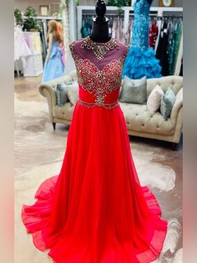 Red Beaded Illusion Neck Prom Dress